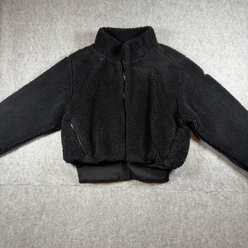 Alo Yoga Womens Foxy Sherpa Jacket Size M Black Faux Fur Full Zip Mock Neck